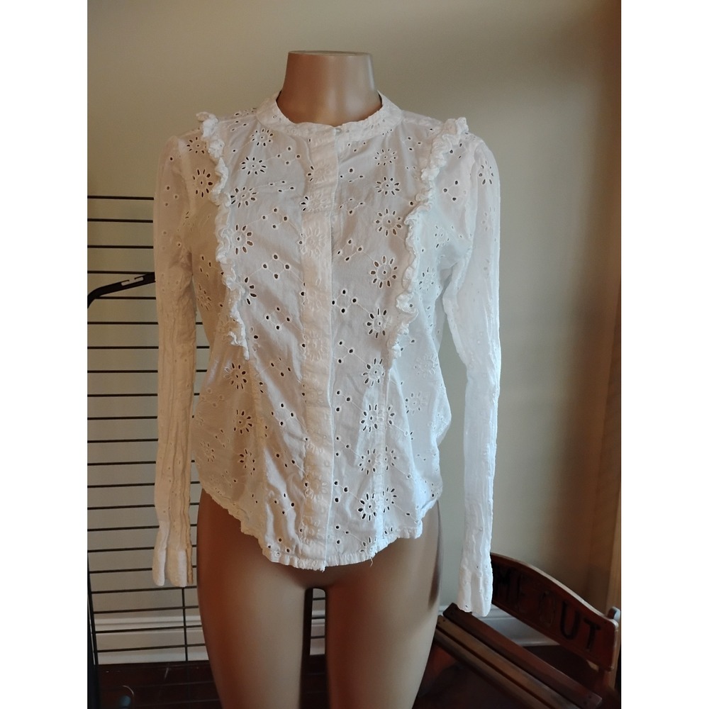 Lolita White Eyelet Cotton Ruffle Blouse Long Sleeve Floral Embroidery Small